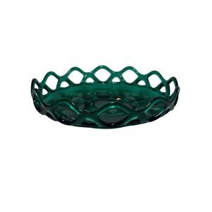 Vintage 70s Emerald Green Imperial Glass Candy Dish Open Cane Crochet Lace Edge
